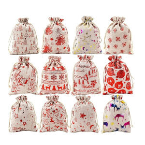 Christmas Burlap Bags with Drawstring, 5" x 7" 12 Piece NWT